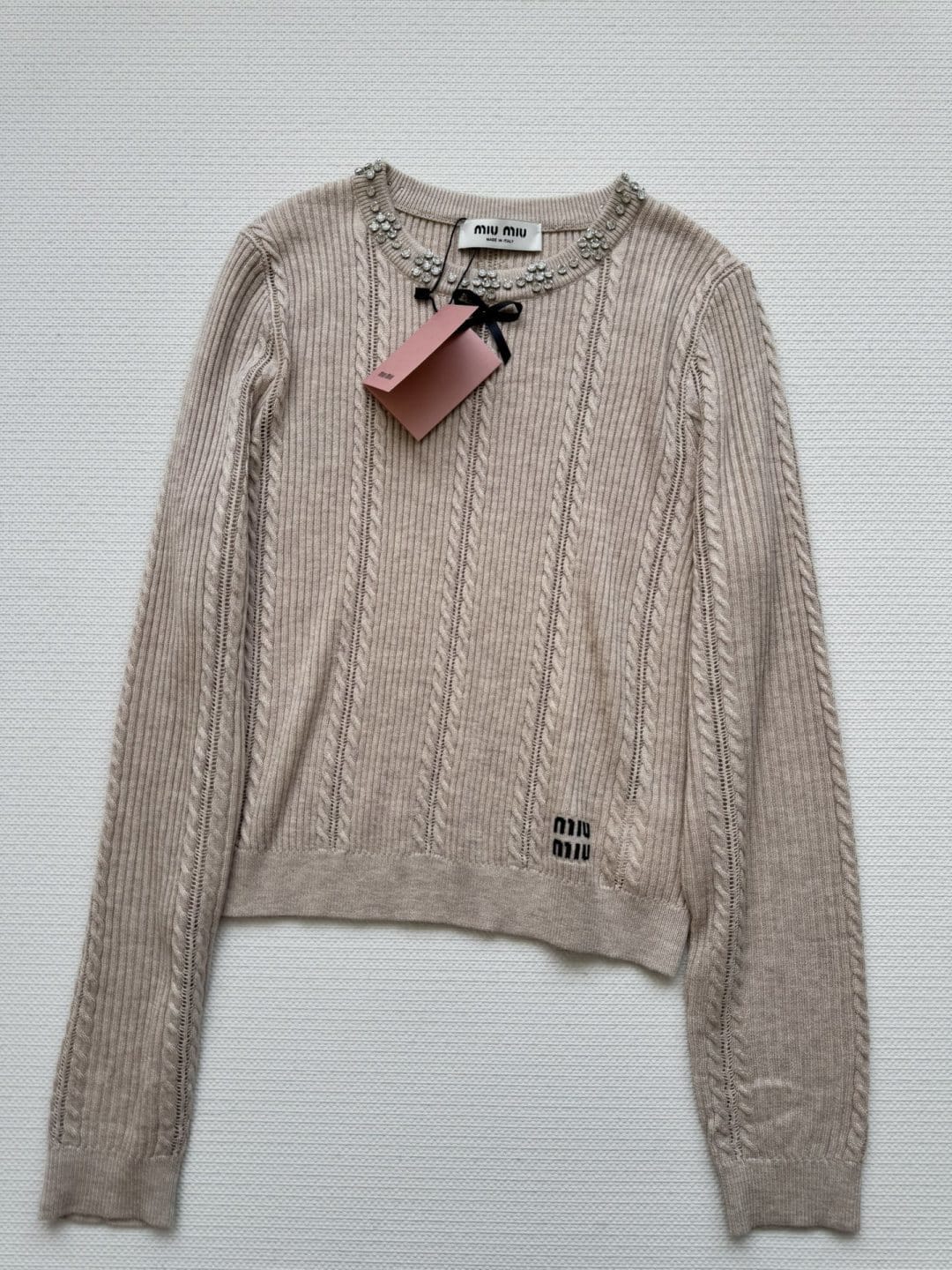 Miu Miu Crystal-Embellished Bow Cable-Knit Sweater