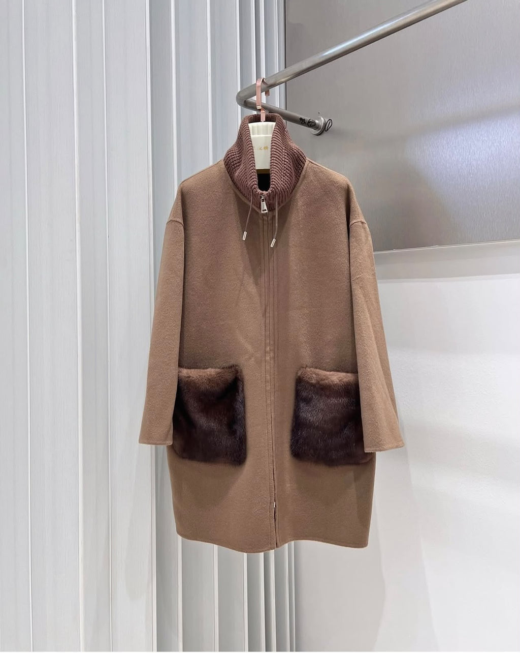 Loro Piana Cashmere Zip-Front Coat with Knit Collar and Fur Patch Pockets