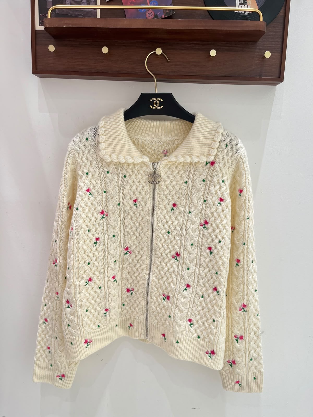 CHANEL Floral Zip-Up Knit Cardigan