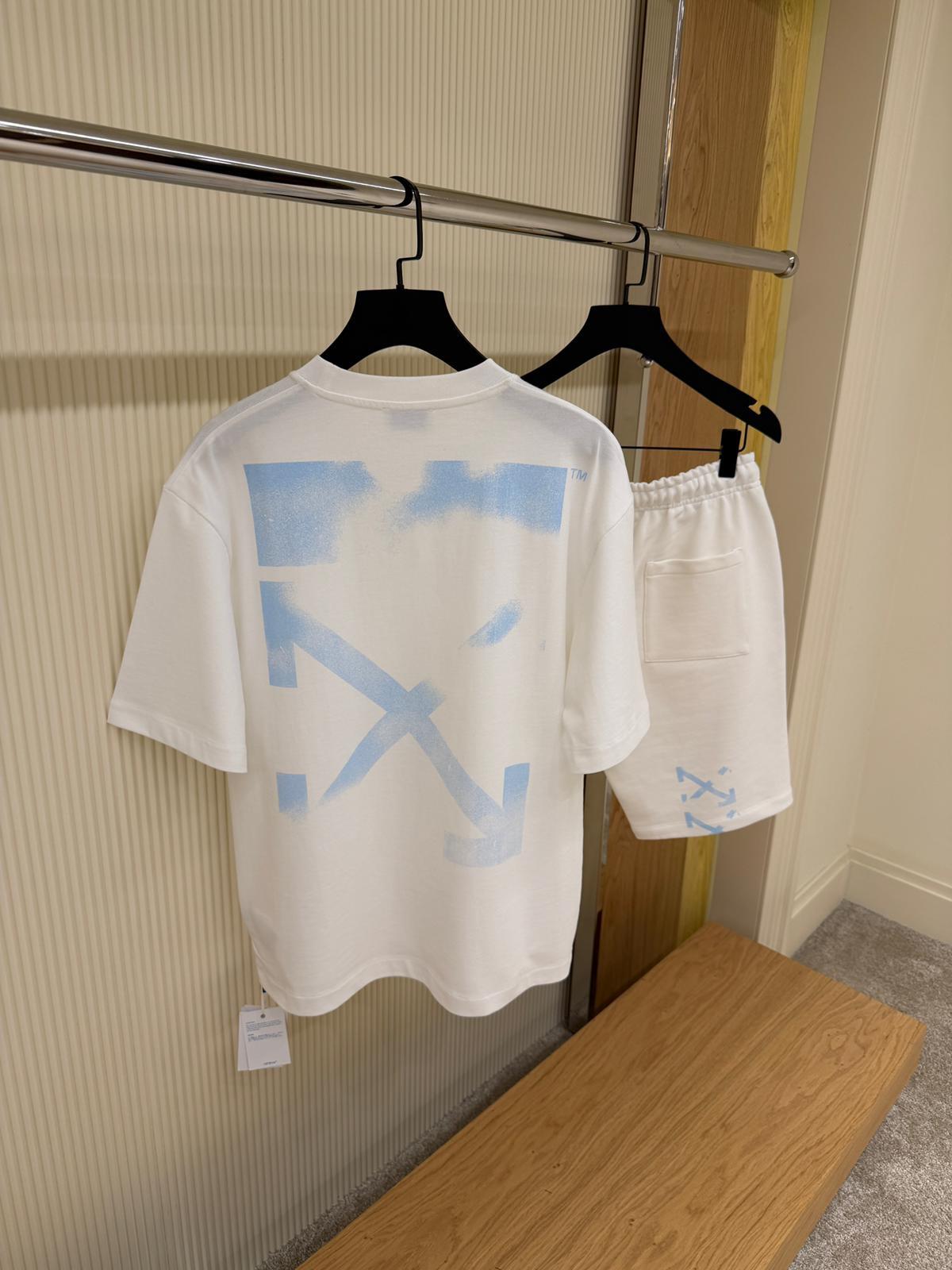 Off White Men White Blue Arrow Tee Shorts Set