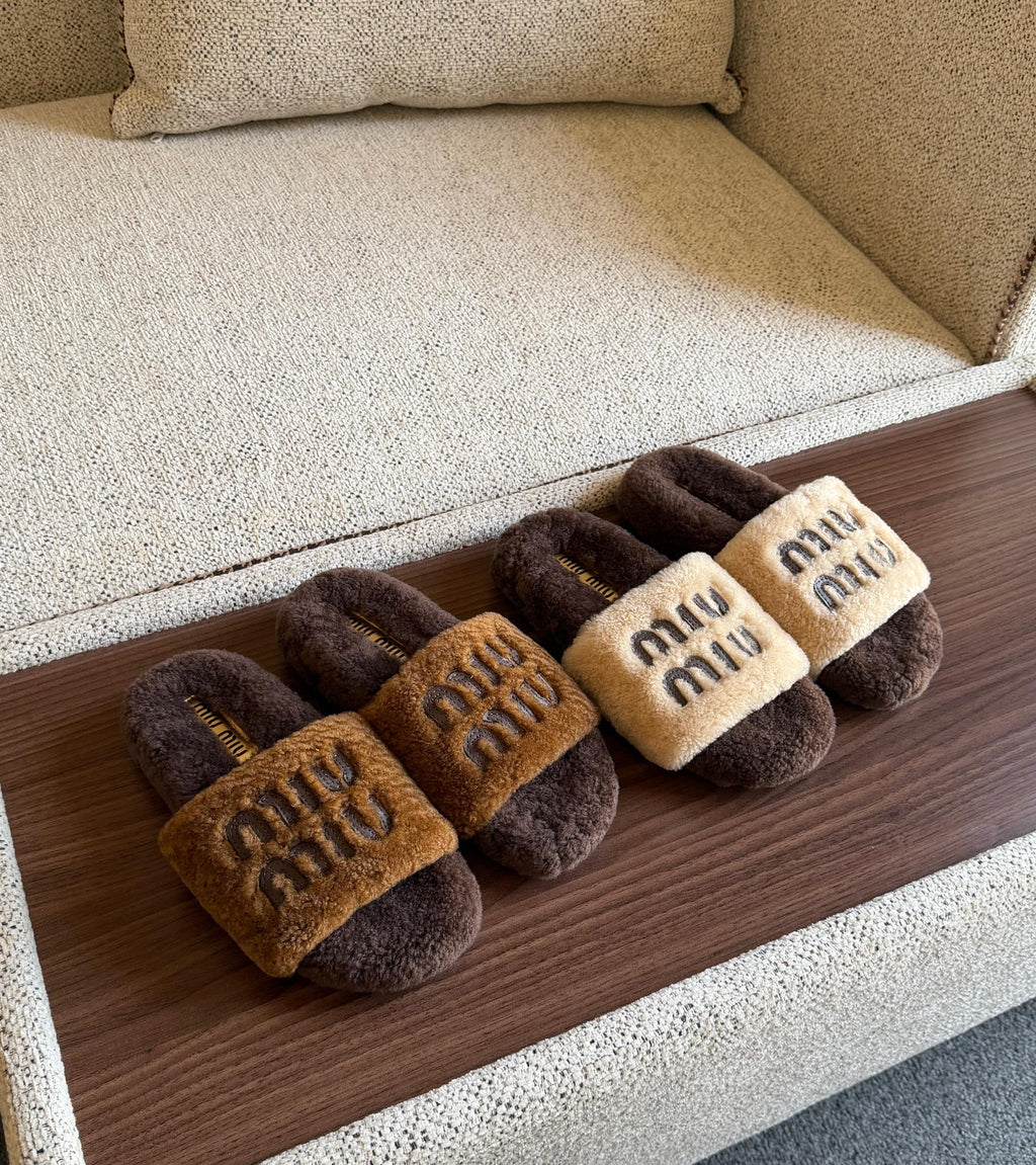 Miu Miu Shearling Logo Slide Slippers
