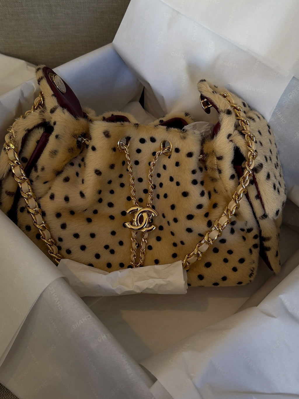 Chanel Polka Dot Shearling Drawstring Bucket