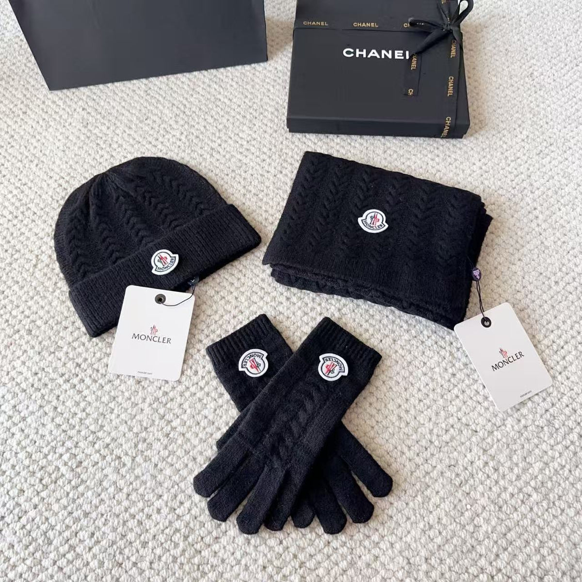 MONCLER Scarf Beanie & Gloves Set