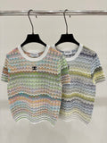 Chanel Multicolor Wavy Striped Knit Top with CC Logo