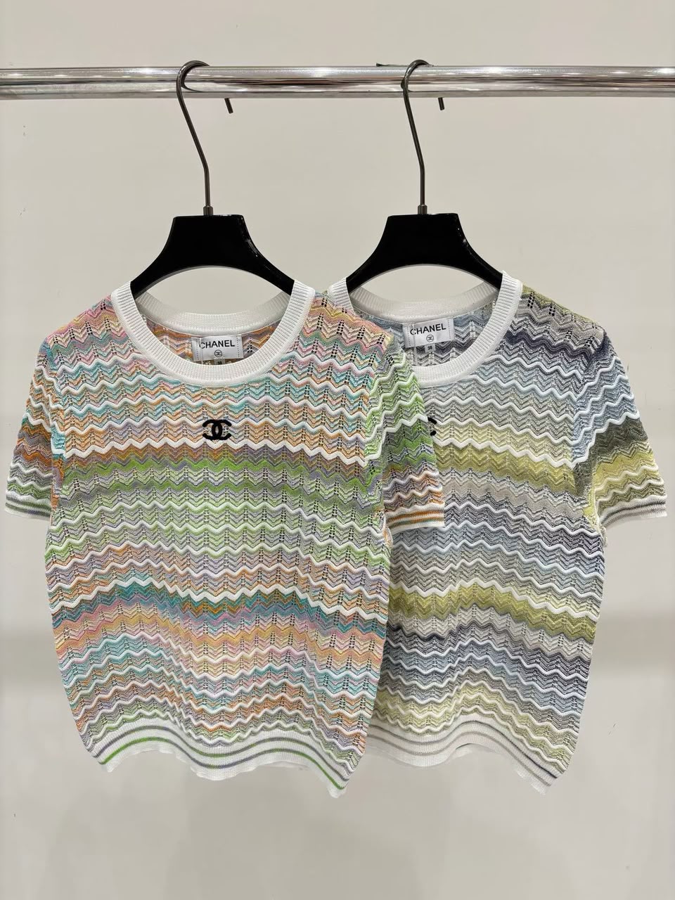 Chanel Multicolor Wavy Striped Knit Top with CC Logo