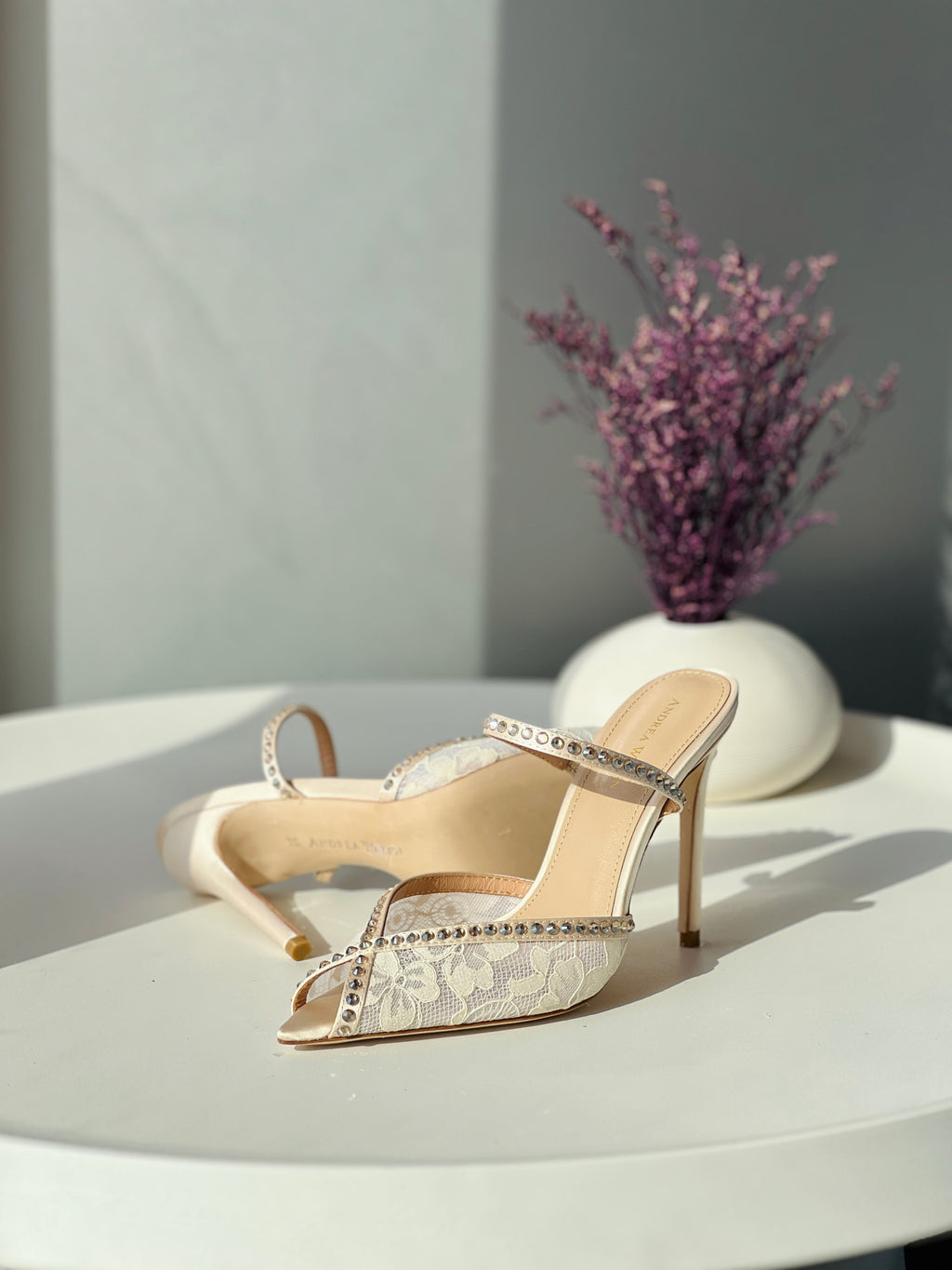 Andrea Wazen Ivory Lace Embellished Mules