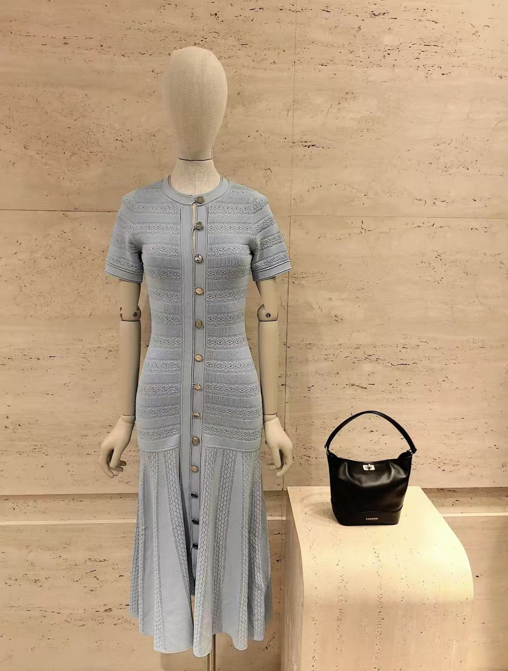 Sandro Milona Light Blue Short-Sleeve Knit Midi Dress