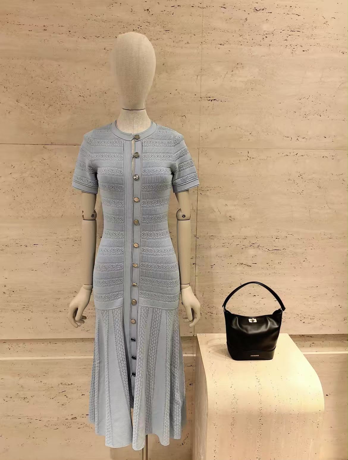 Sandro Milona Light Blue Short-Sleeve Knit Midi Dress