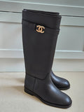 Chanel Black Leather Tall Boot with Gold CC Logo Buckle