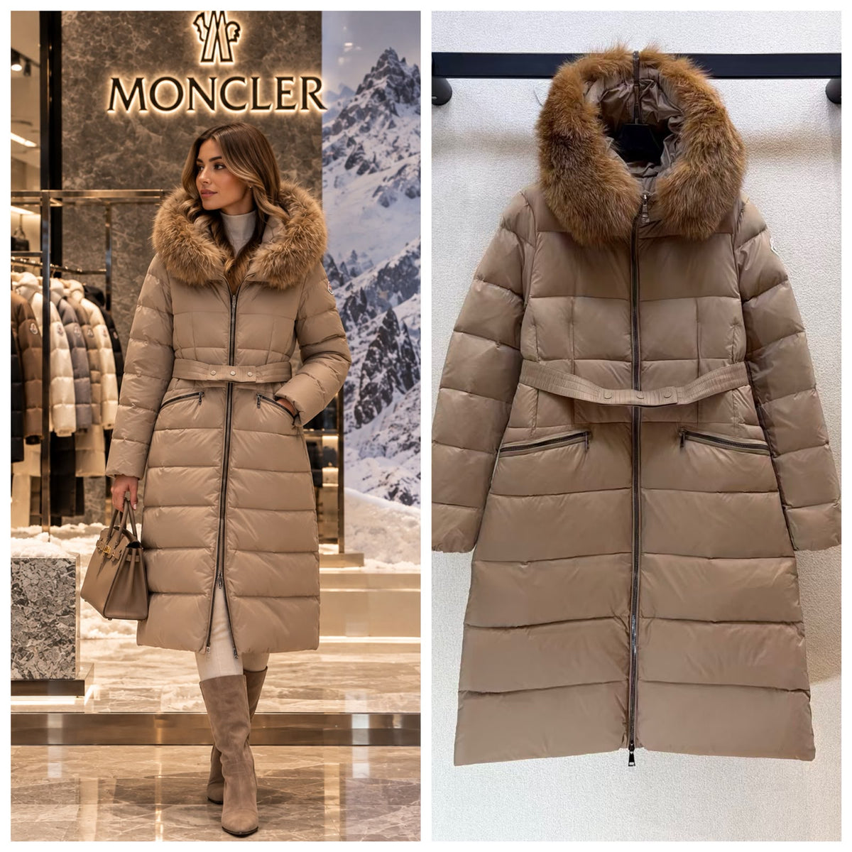 Moncler Long Puffer Coat with Fur-Trimmed