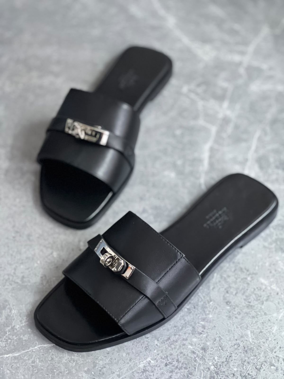 Hermès Black Lock Slides