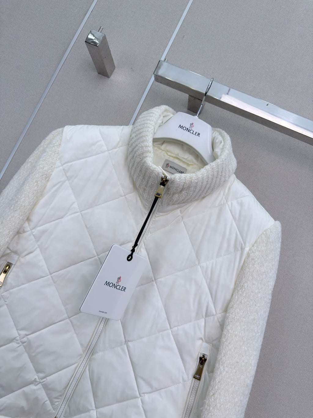 Moncler Ivory Quilted Knit-Sleeve Jacket