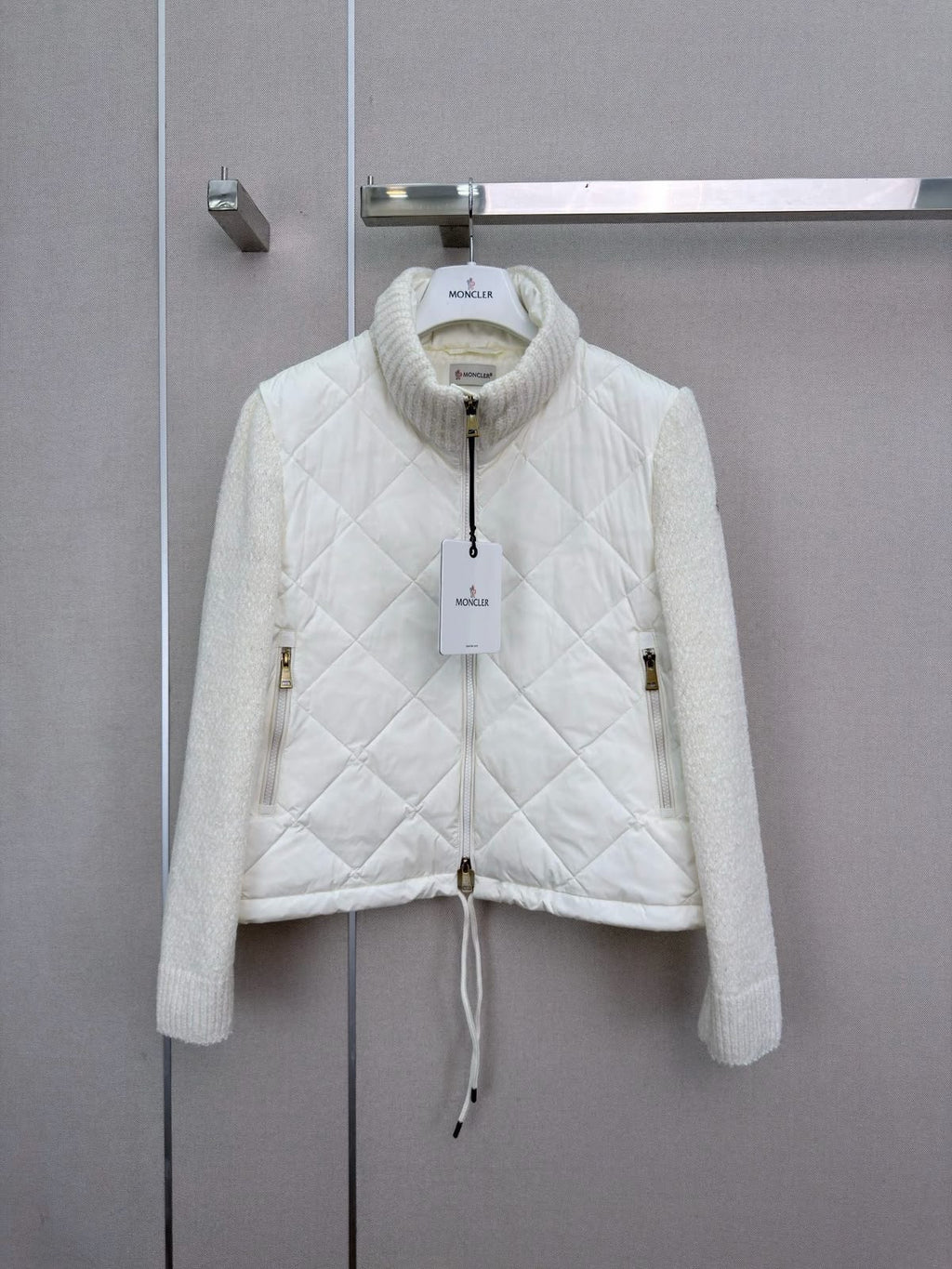 Moncler Ivory Quilted Knit-Sleeve Jacket