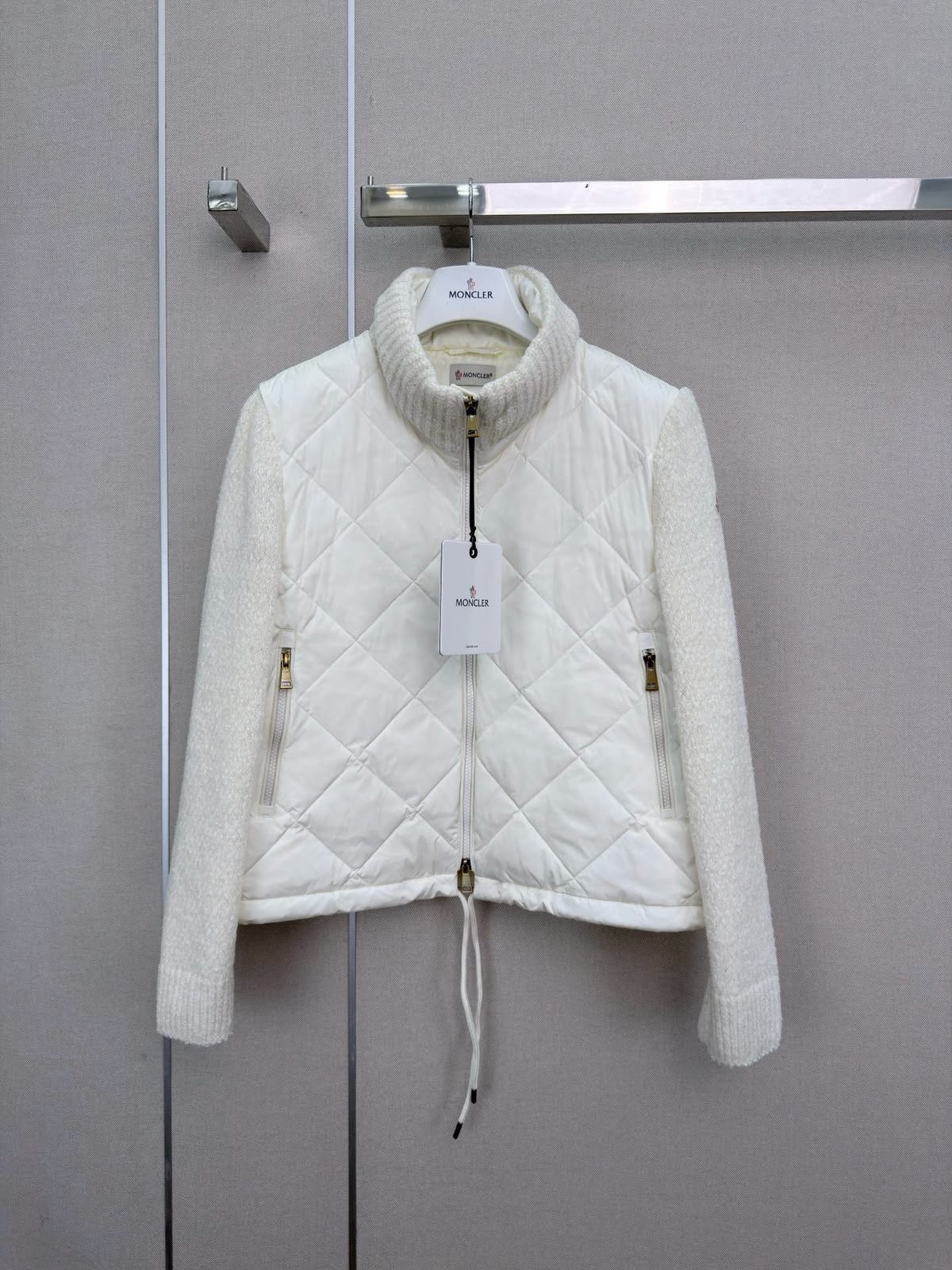 Moncler Ivory Quilted Knit-Sleeve Jacket