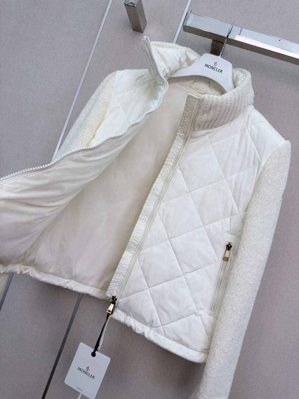 Moncler Ivory Quilted Knit-Sleeve Jacket