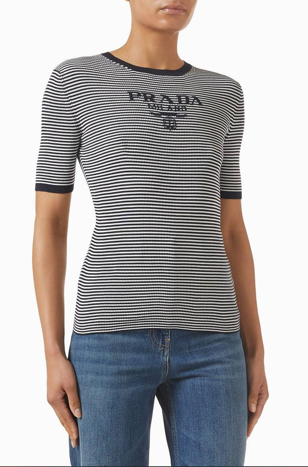 Prada Black and White Striped Logo T-Shirt