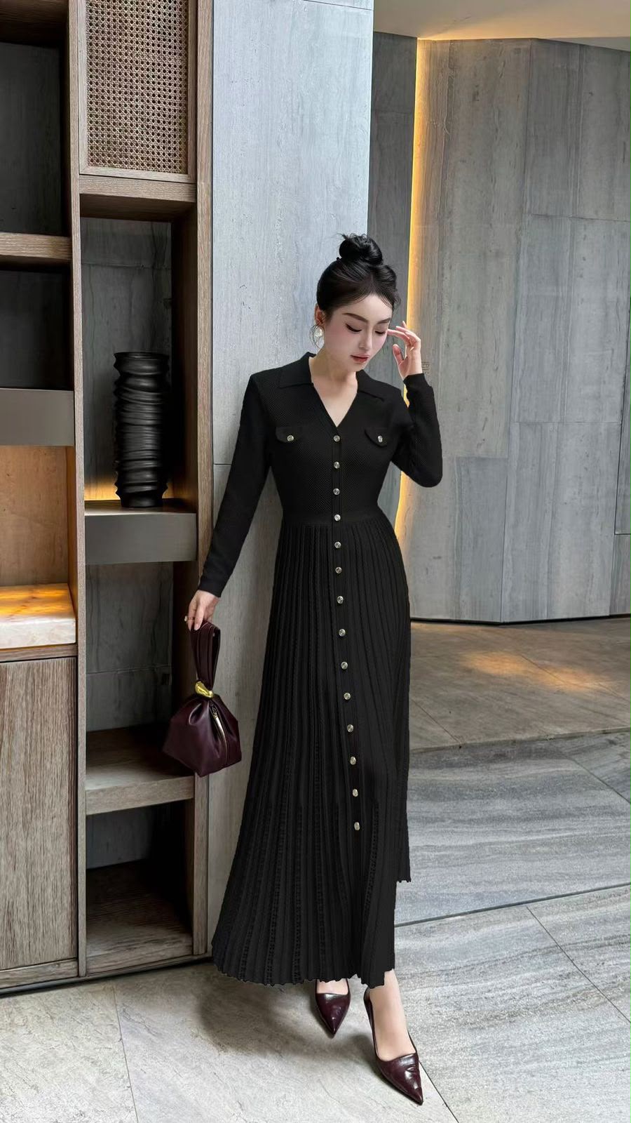 SANDRO Button-Front Pleated Long Dress