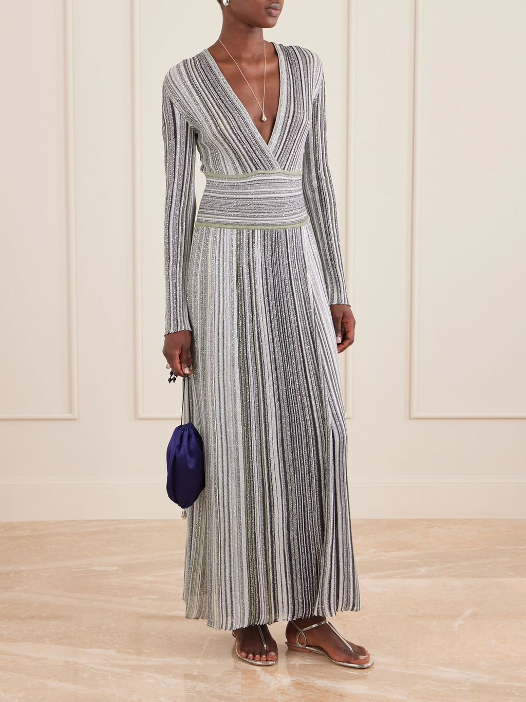 Missoni Striped Long-Sleeve Pleated Dress