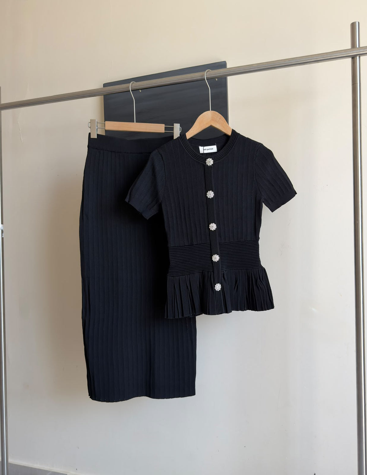 Self-Portrait Embellished-Button Top and Midi Skirt Set