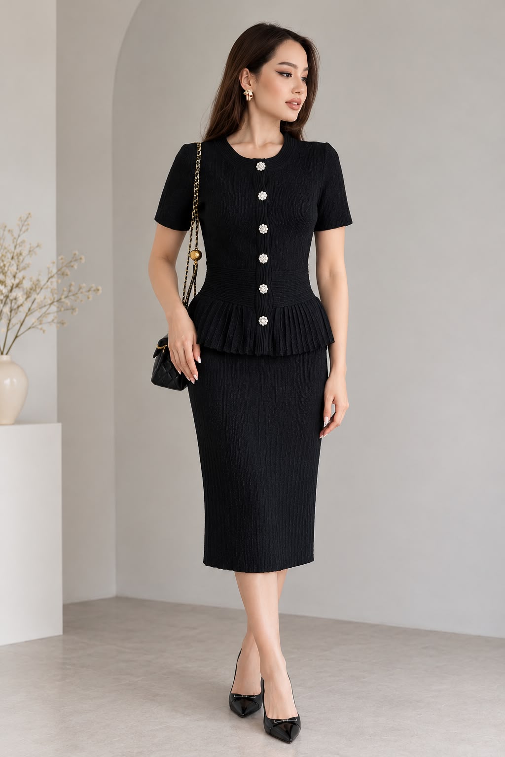 Self-Portrait Embellished-Button Top and Midi Skirt Set