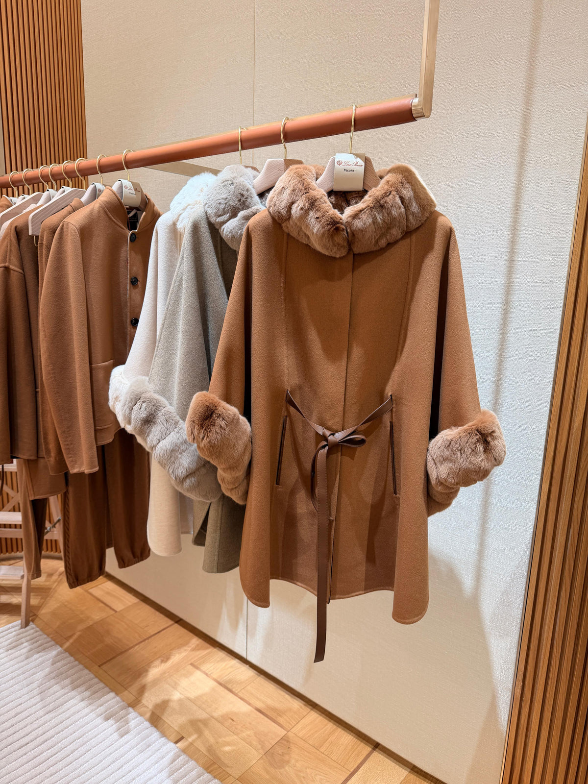 Loro Piana Camel Belted Fur-Trim Cape