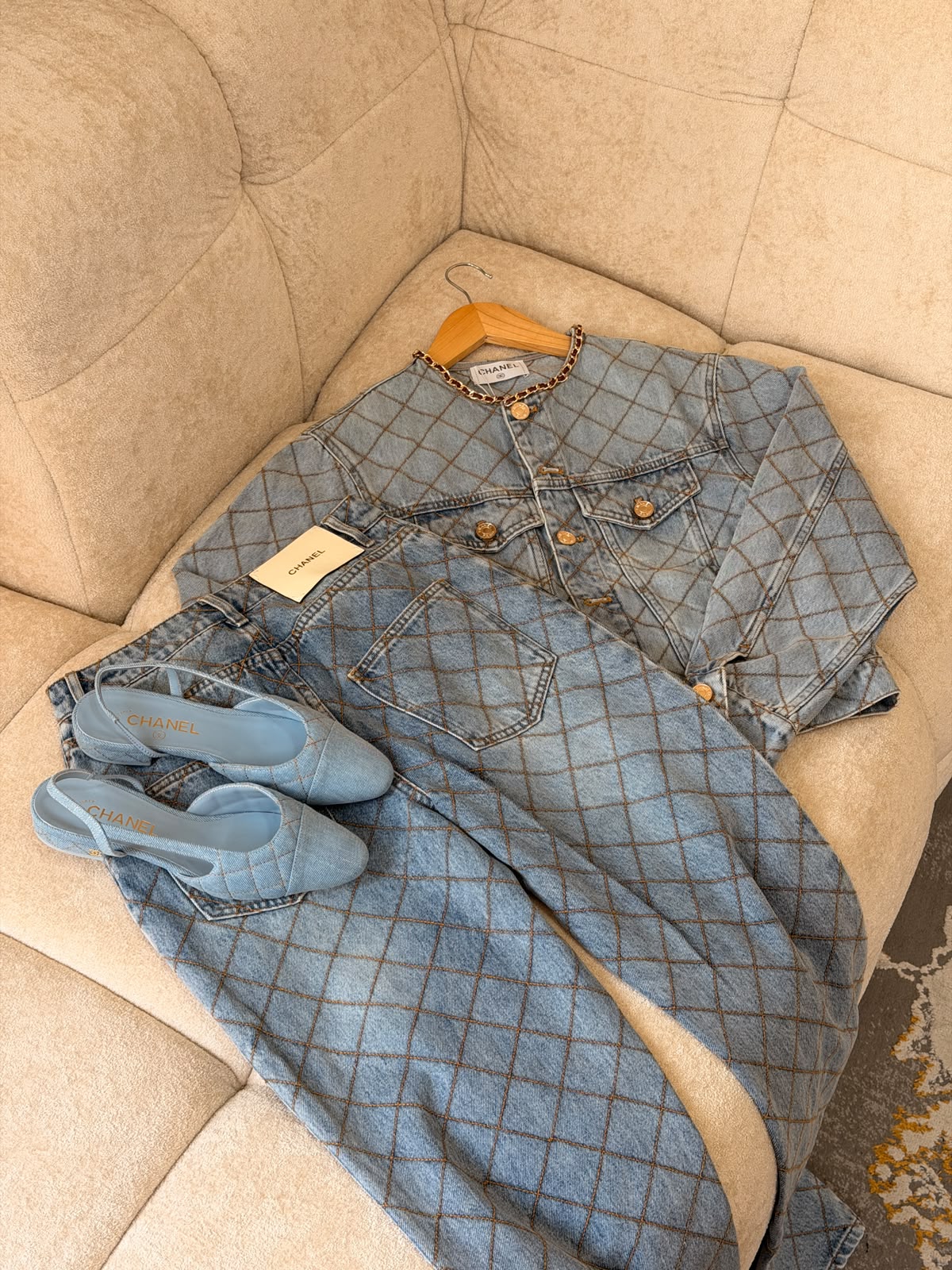 CHANEL Check Denim Jacket and Trousers Set