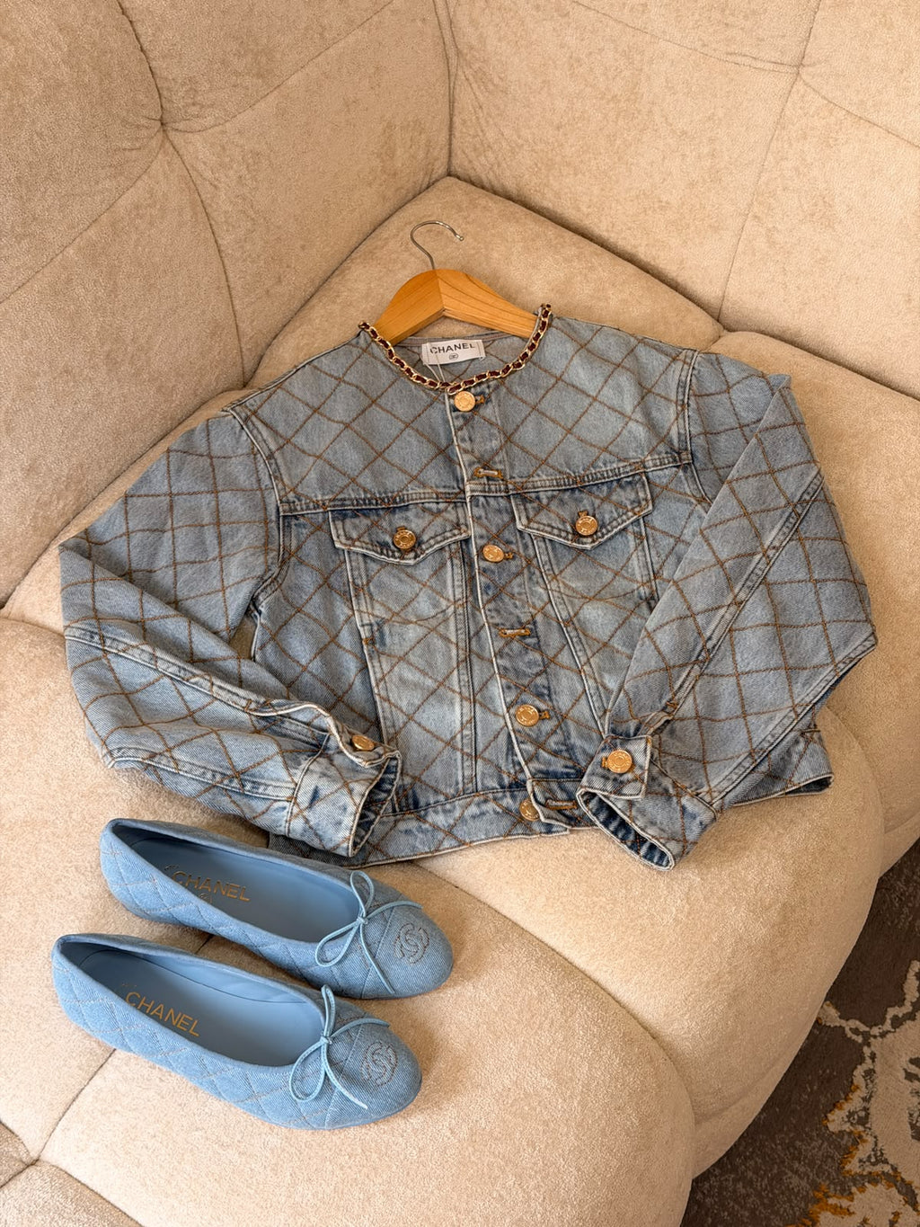 CHANEL Check Denim Jacket and Trousers Set