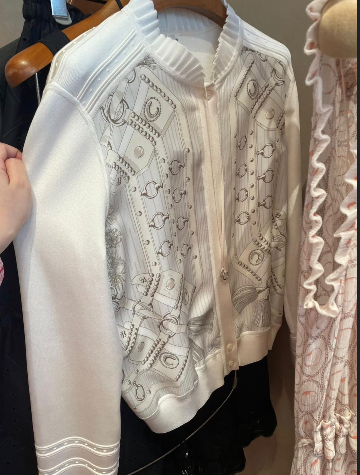 HERMES Grey Drawing-Print Pearl-Detail Cardigan