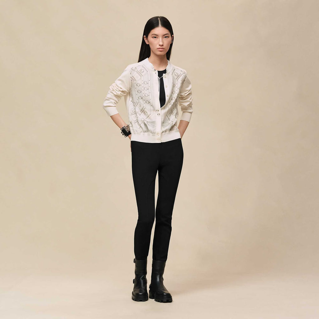 HERMES Grey Drawing-Print Pearl-Detail Cardigan