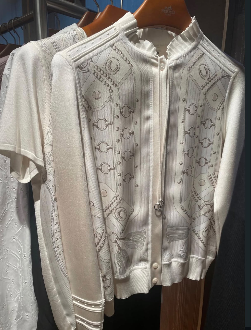 HERMES Grey Drawing-Print Pearl-Detail Cardigan