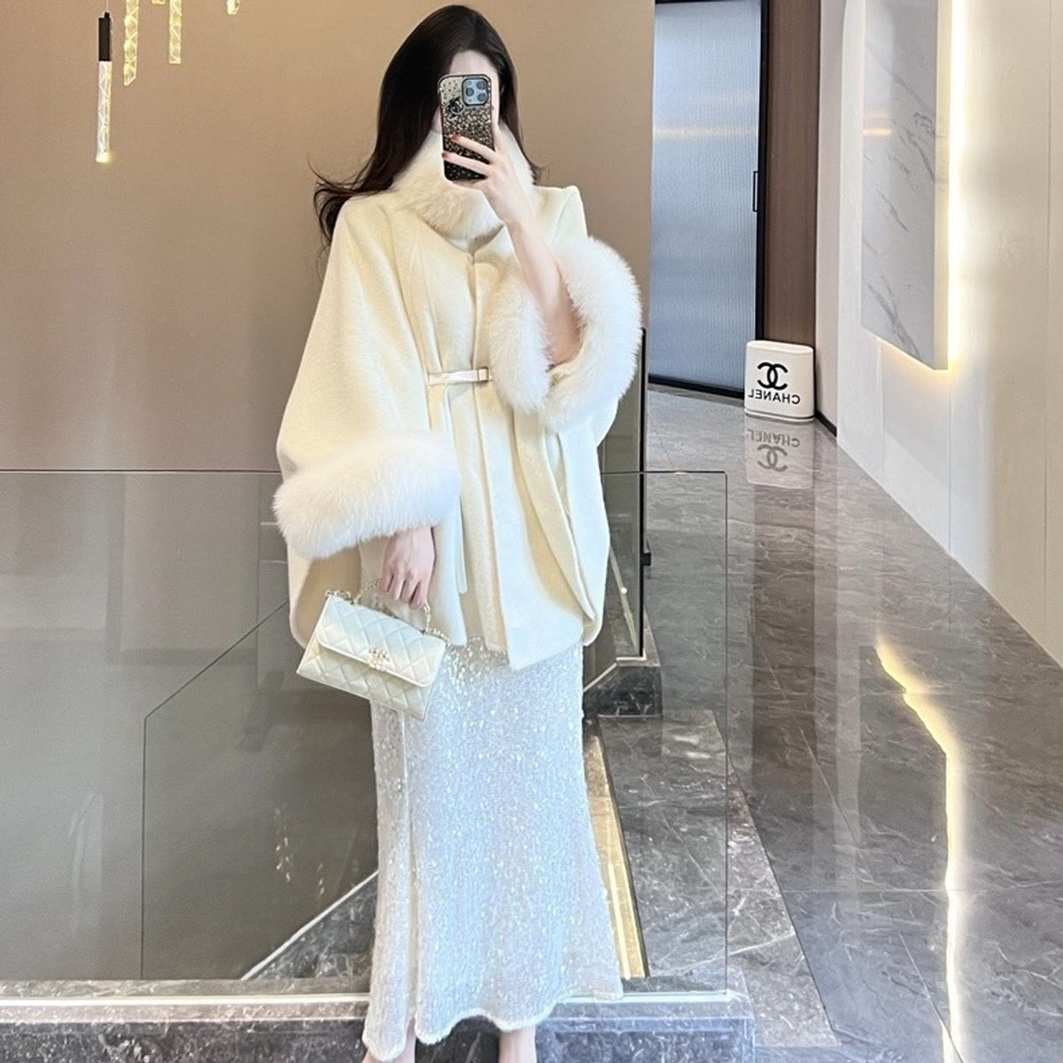 Loro Piana Off-White Belted Fur-Trim Cape