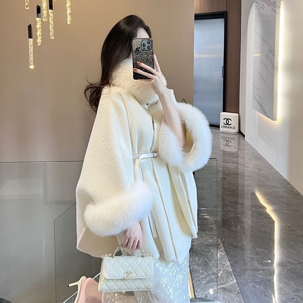 Loro Piana Off-White Belted Fur-Trim Cape
