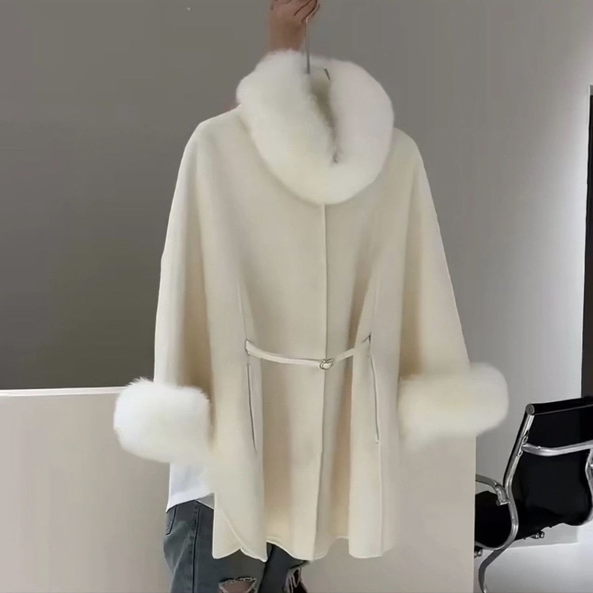 Loro Piana Off-White Belted Fur-Trim Cape