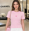 CHANEL Striped Short-Sleeve Top