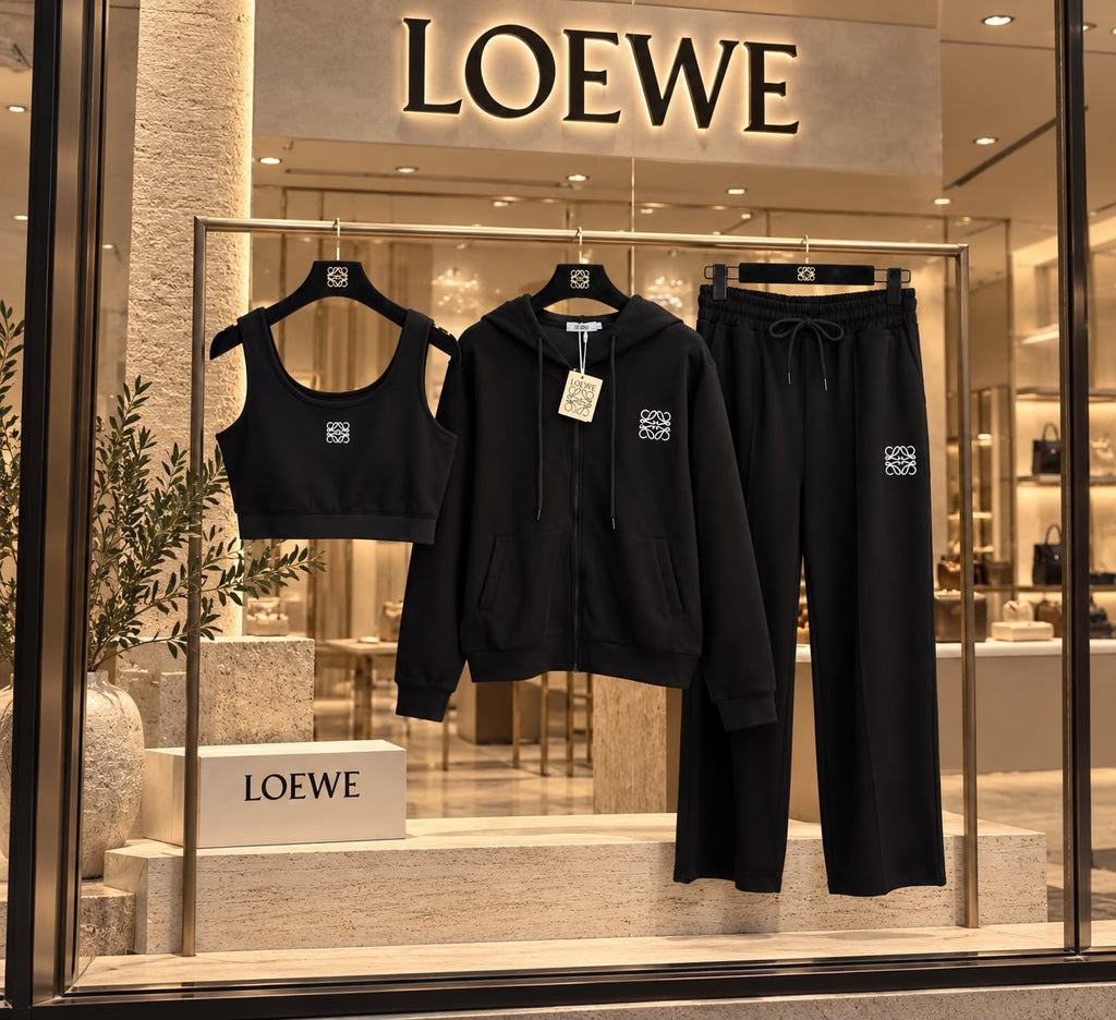 LOEWE Hoodie Crop Top and Wide-Leg Trousers Three-Piece Set