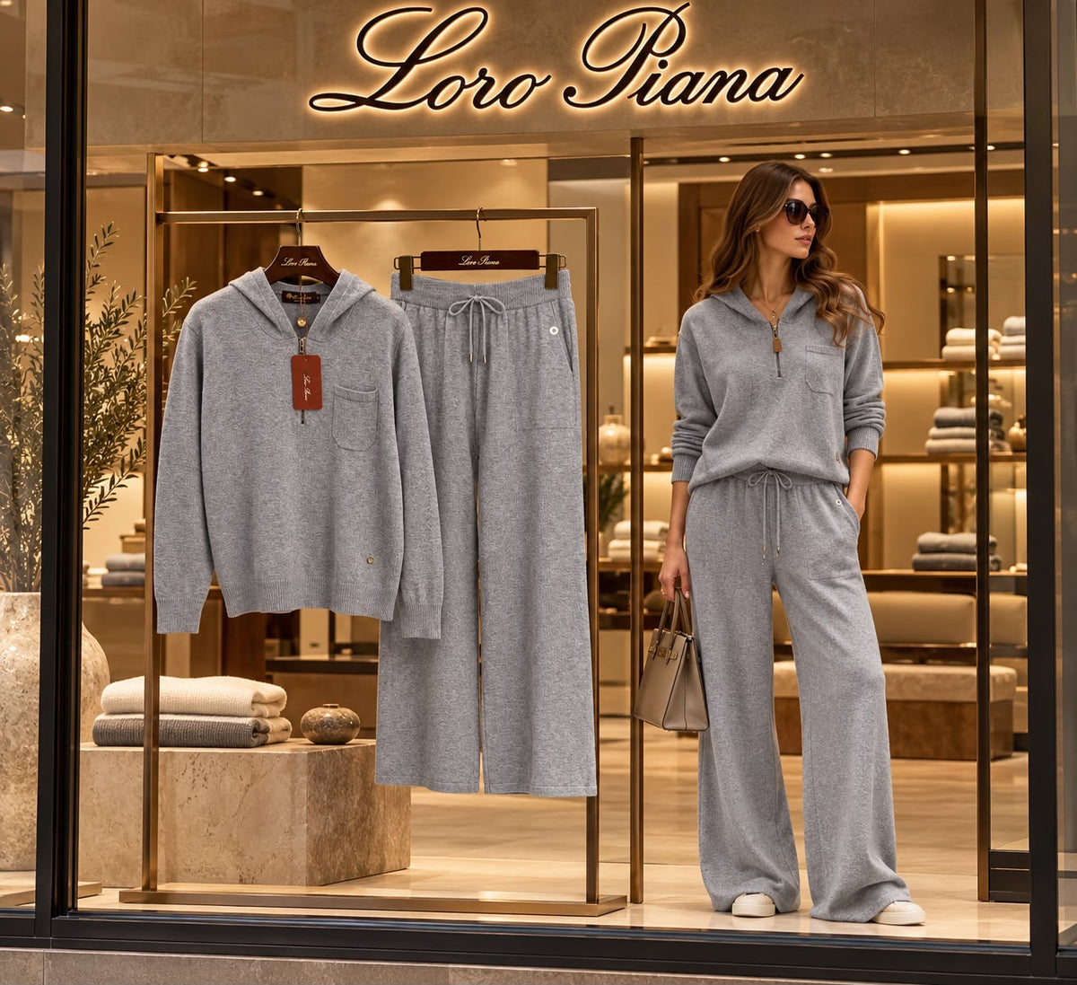 Loro Piana Half-Zip Hooded Sweater and Wide-Leg Trousers Set