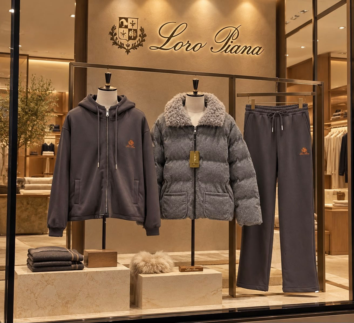 Loro Piana Hoodie Padded Jacket and Wide-Leg Trousers Three-Piece Set