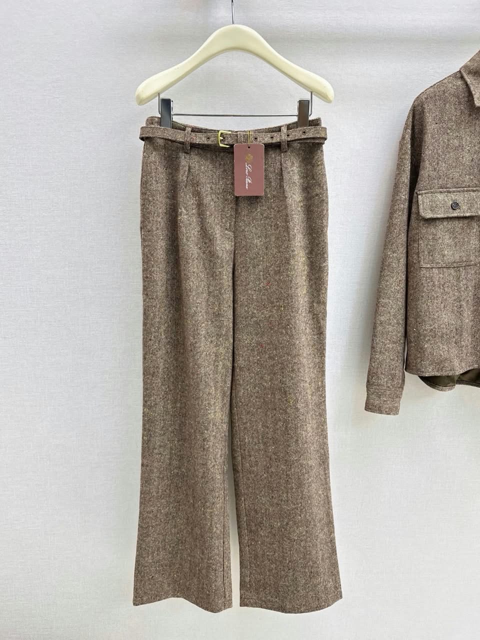 Loro Piana Herringbone Shirt and Belted Wide-Leg Trousers Set