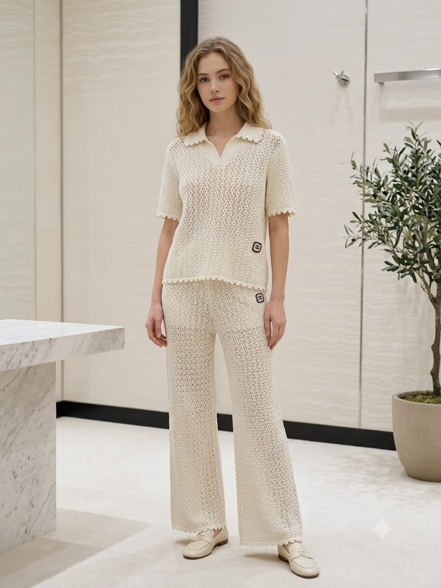 CHANEL Crochet Collared Top and Wide-Leg Trousers Set