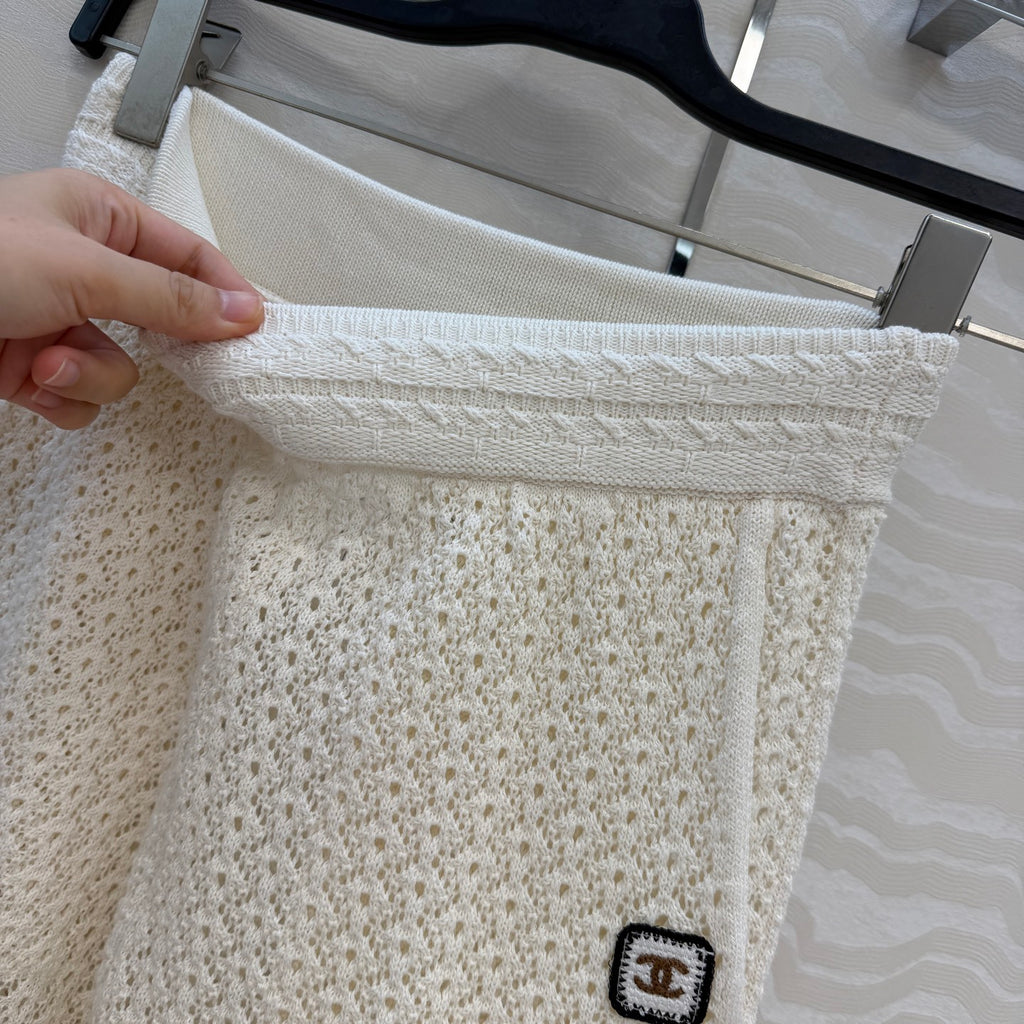 CHANEL Crochet Collared Top and Wide-Leg Trousers Set