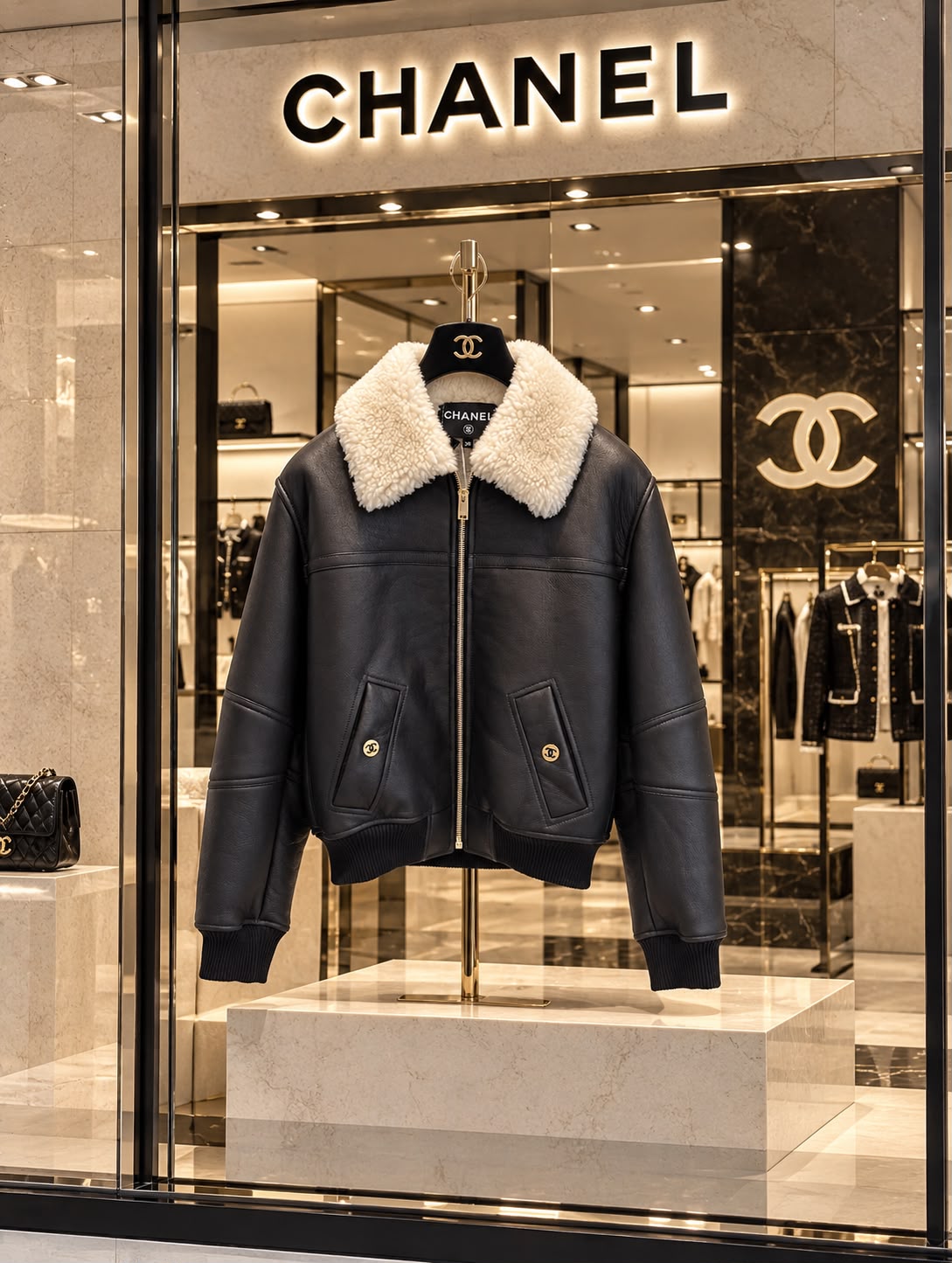 CHANEL Contrast-Collar Zip-Up Bomber Jacket