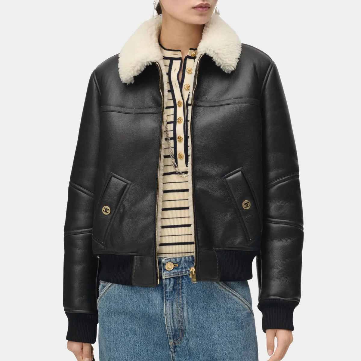CHANEL Contrast-Collar Zip-Up Bomber Jacket