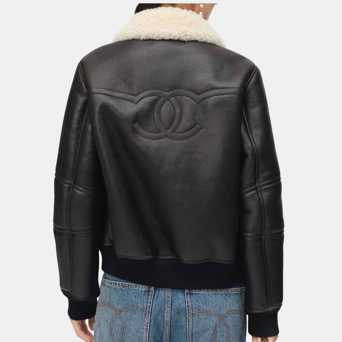 CHANEL Contrast-Collar Zip-Up Bomber Jacket