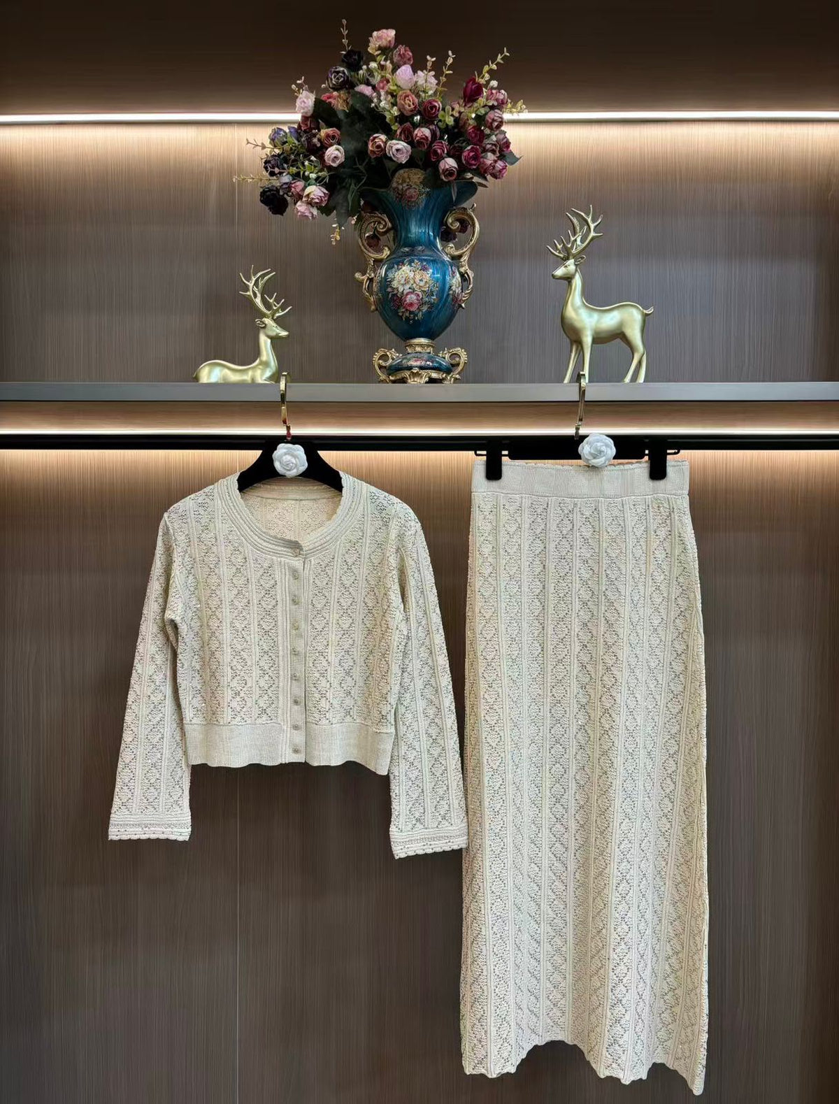 SANDRO Textured Cardigan and Long Skirt Set