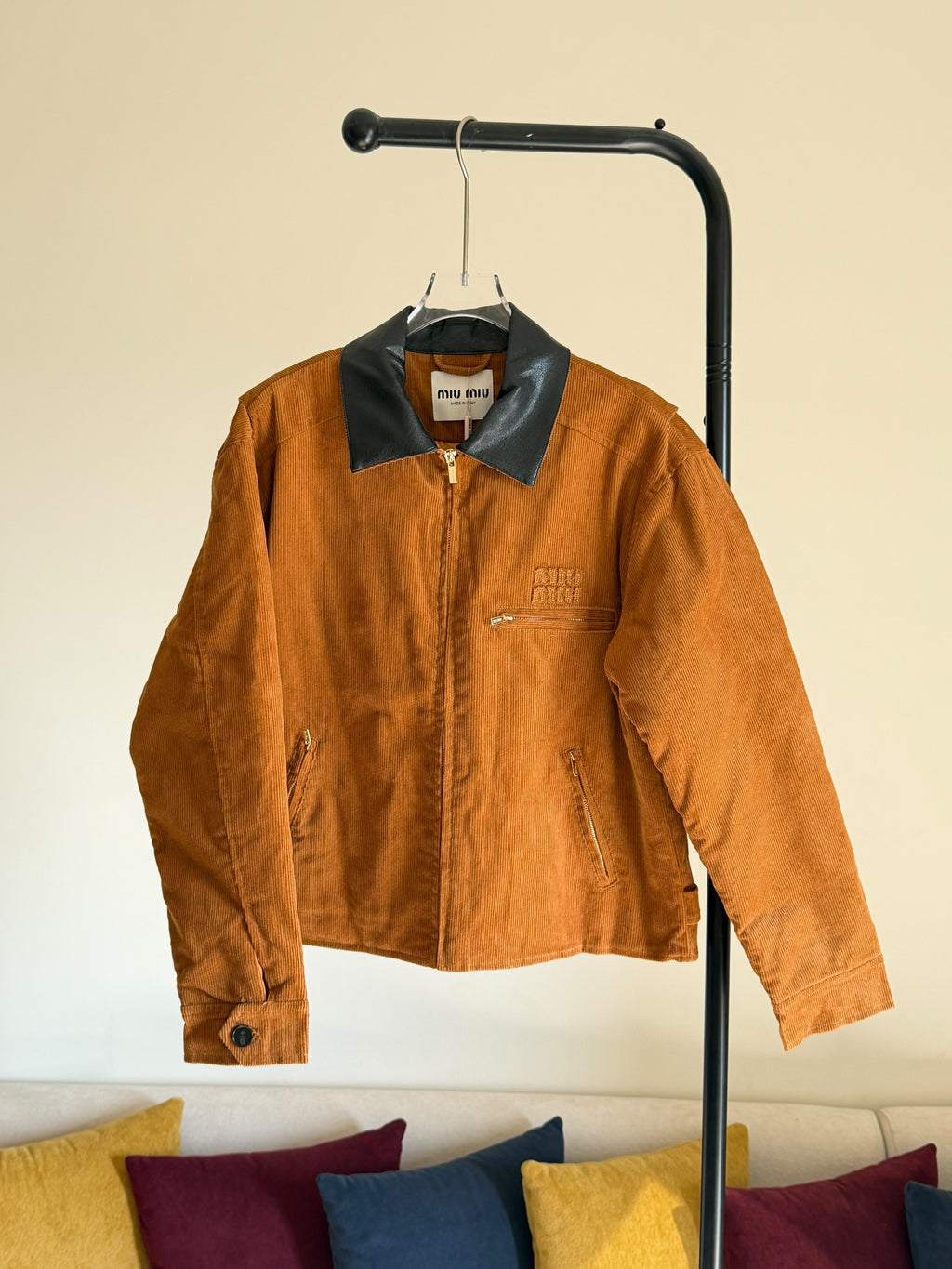 Miu Miu Contrast-Collar Corduroy-Effect Zip Jacket