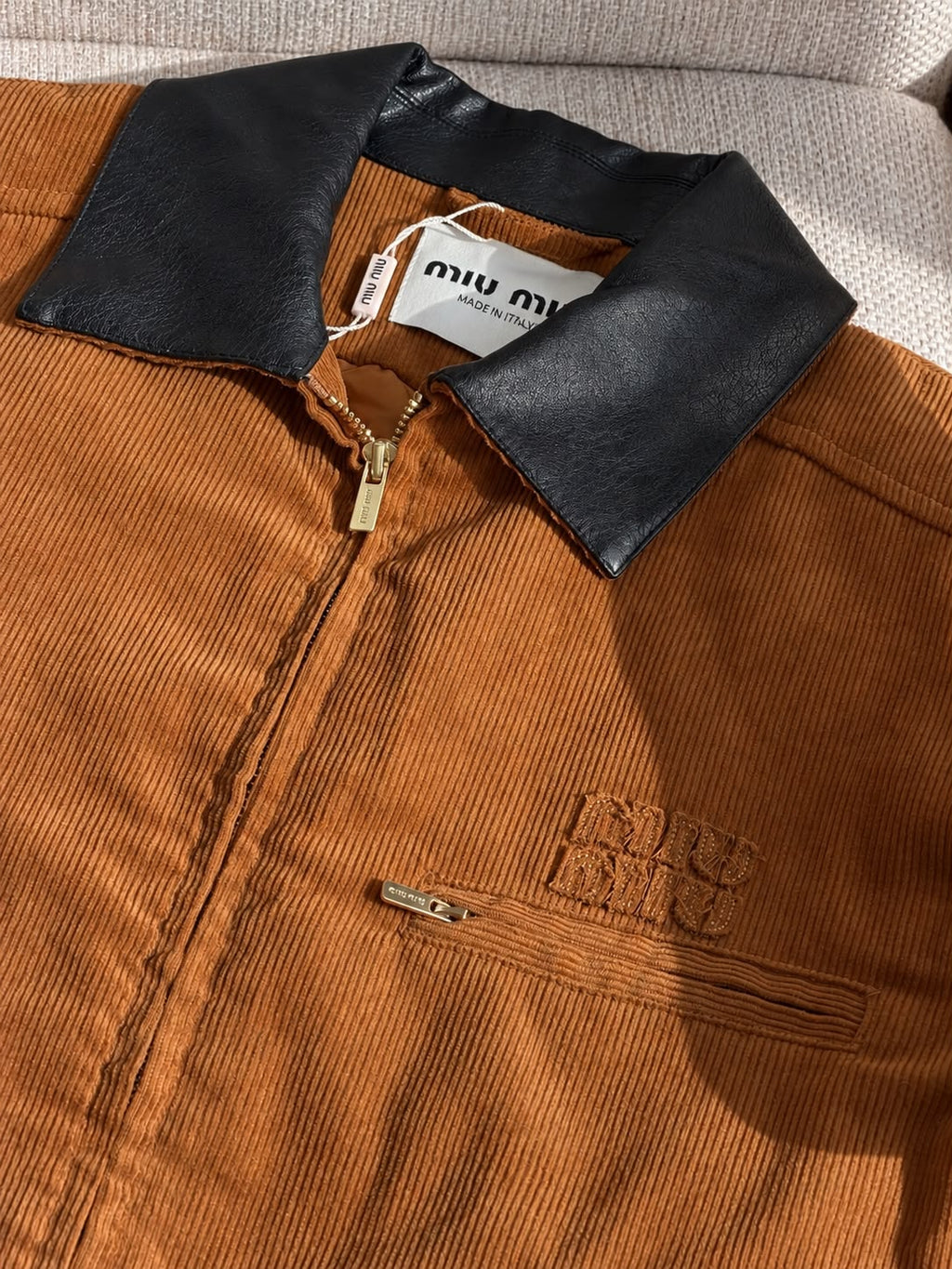 Miu Miu Contrast-Collar Corduroy-Effect Zip Jacket