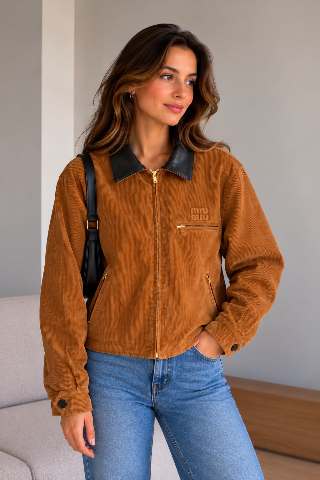 Miu Miu Contrast-Collar Corduroy-Effect Zip Jacket
