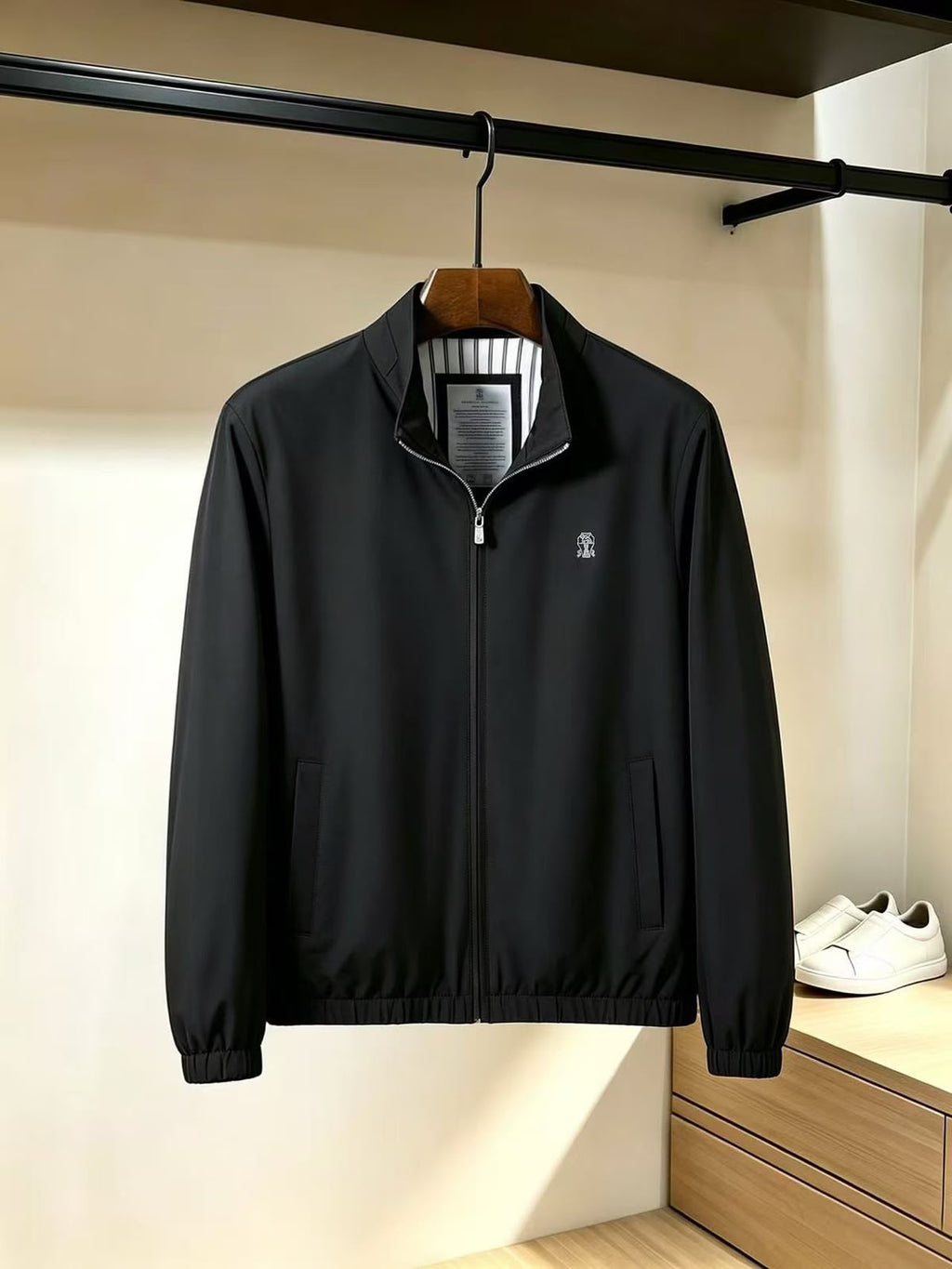 Brunello Cucinelli Chest-Emblem Stand-Collar Zip Jacket