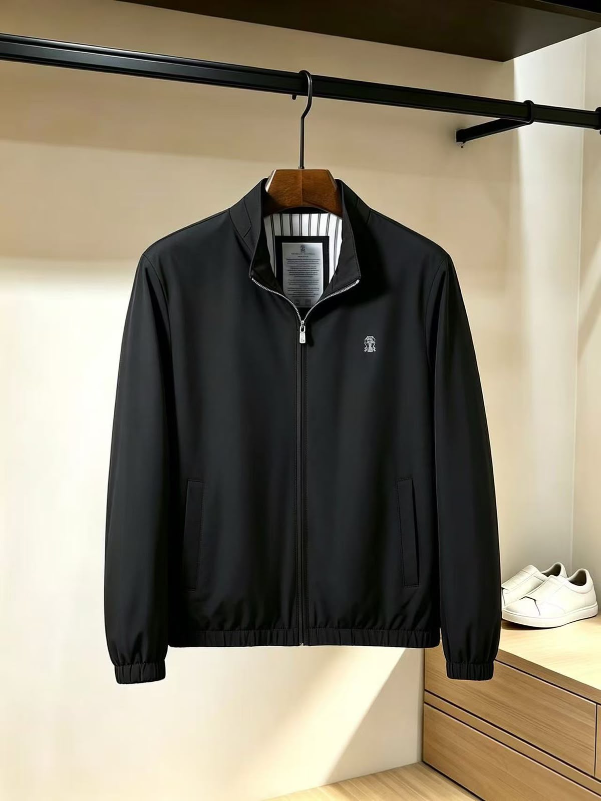 Brunello Cucinelli Chest-Emblem Stand-Collar Zip Jacket