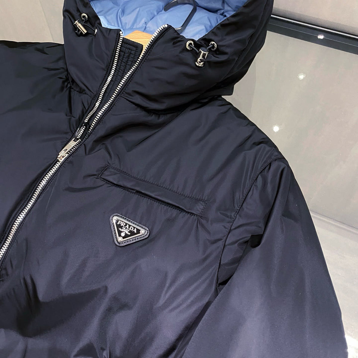 Prada Triangle-Logo Hooded Jacket with Contrast Lining